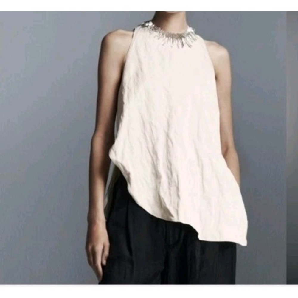 Zara ZW Collection Asymmetric Hem Tie Neck Sleeveless Top Ecru Size S NWT